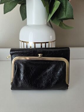HOBO  Robin Compact Black Leather Wallet with Gold-Tone Frame